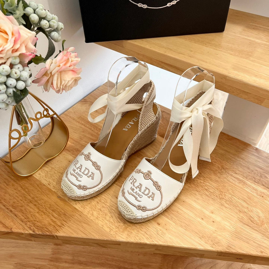 PRADA 26S ESPADRILLE HIGH HEEL SANDALS IN IVORY WHITE CALFSKIN