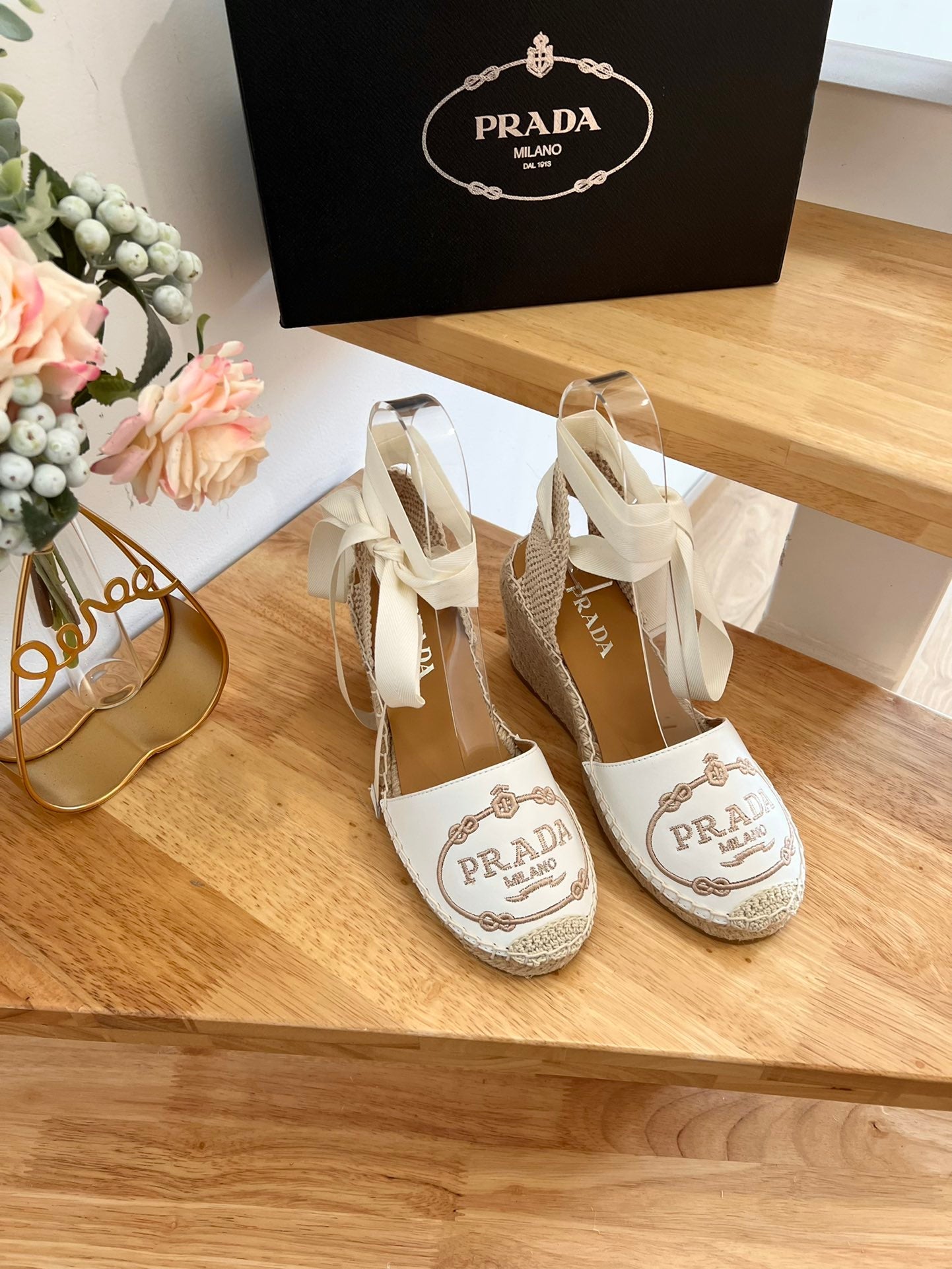 PRADA 26S ESPADRILLE HIGH HEEL SANDALS IN IVORY WHITE CALFSKIN