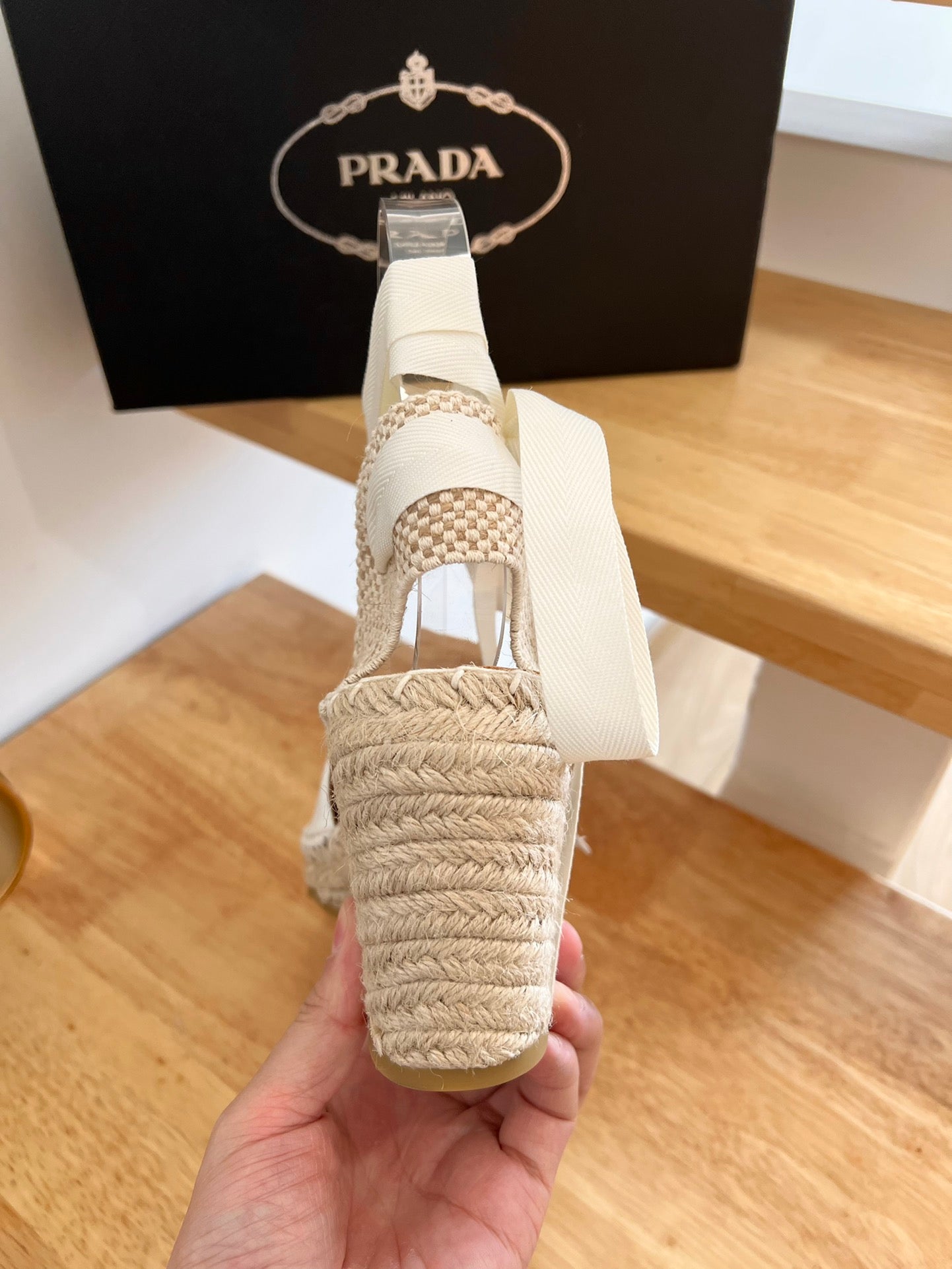 PRADA 26S ESPADRILLE HIGH HEEL SANDALS IN IVORY WHITE CALFSKIN