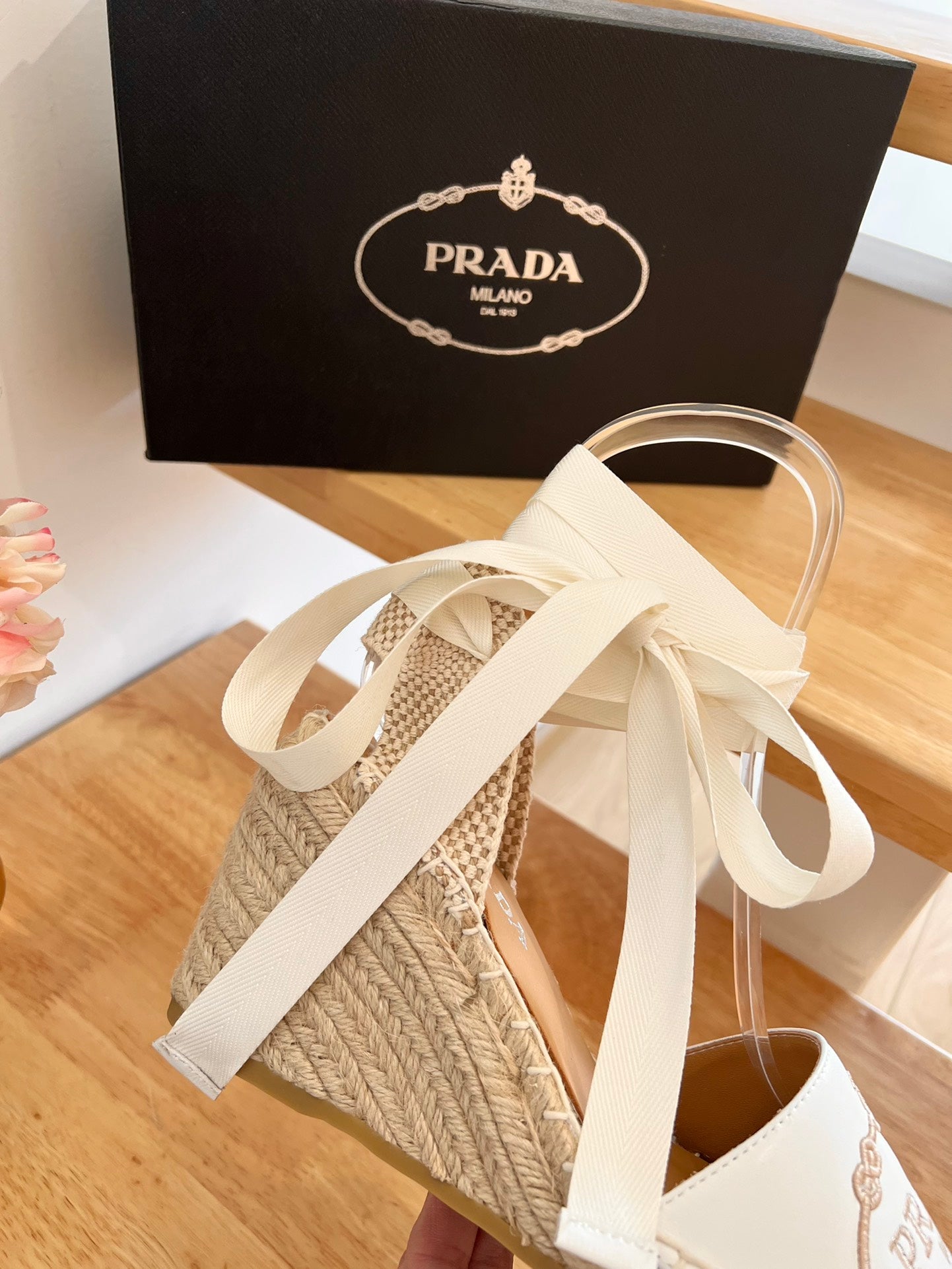 PRADA 26S ESPADRILLE HIGH HEEL SANDALS IN IVORY WHITE CALFSKIN