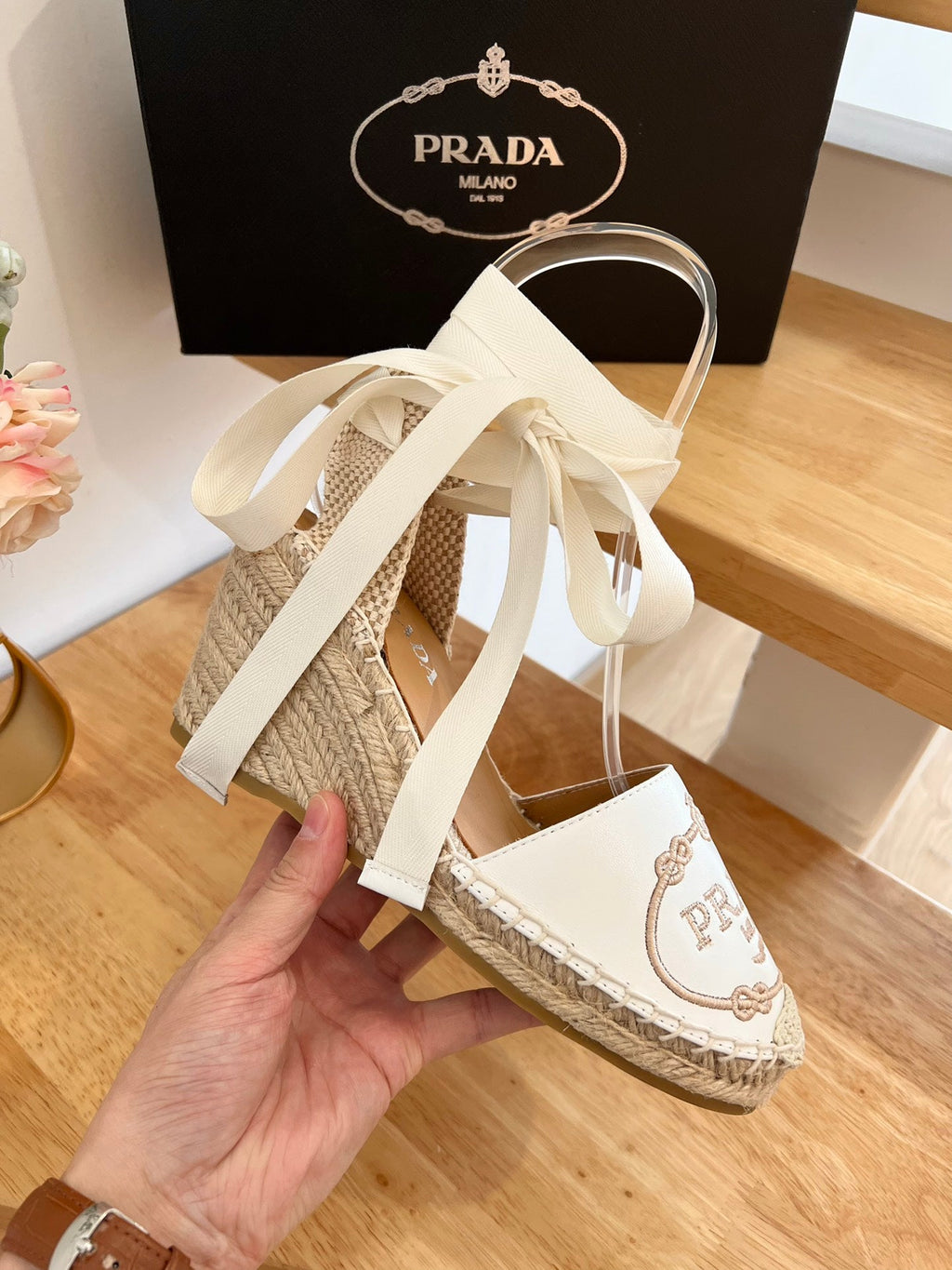 PRADA 26S ESPADRILLE HIGH HEEL SANDALS IN IVORY WHITE CALFSKIN