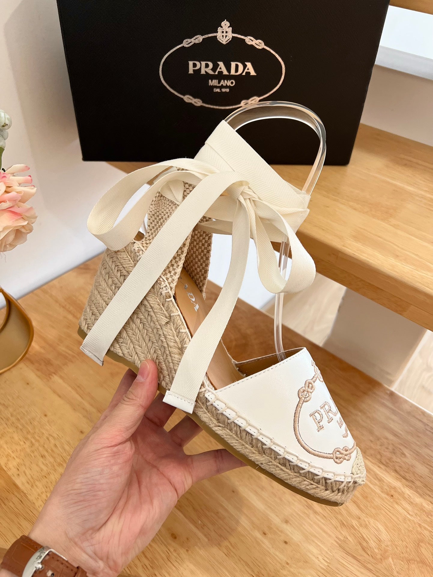 PRADA 26S ESPADRILLE HIGH HEEL SANDALS IN IVORY WHITE CALFSKIN