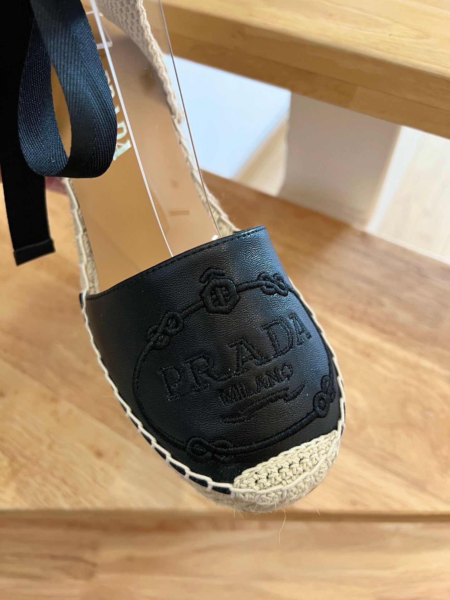 PRADA 26S ESPADRILLE HIGH HEEL SANDALS IN BLACK CALFSKIN