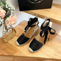 PRADA 26S ESPADRILLE HIGH HEEL SANDALS IN BLACK CALFSKIN