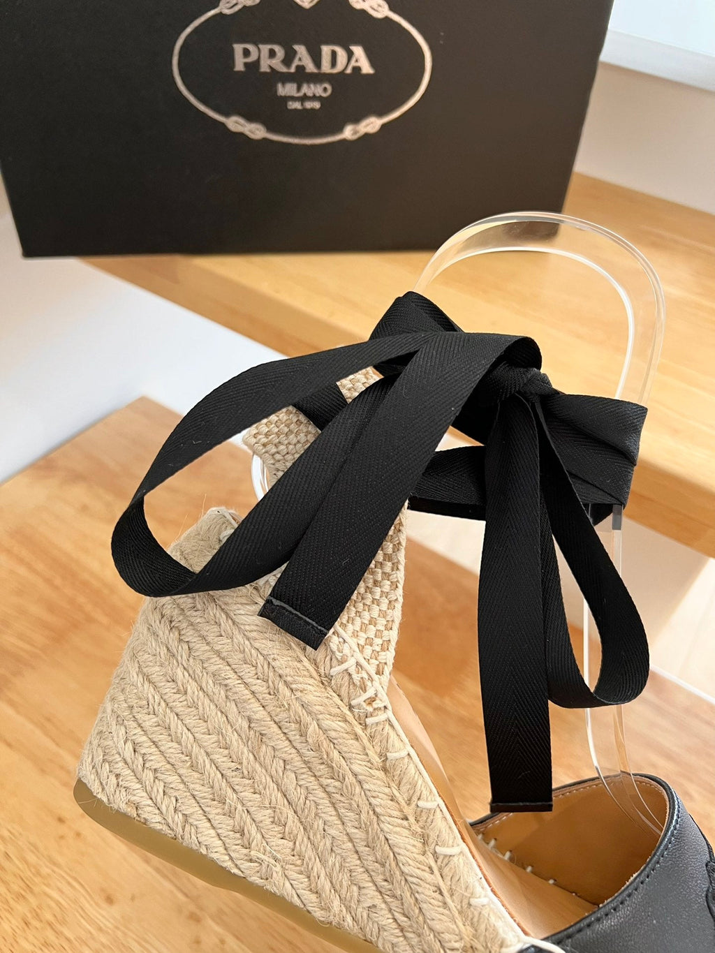 PRADA 26S ESPADRILLE HIGH HEEL SANDALS IN BLACK CALFSKIN