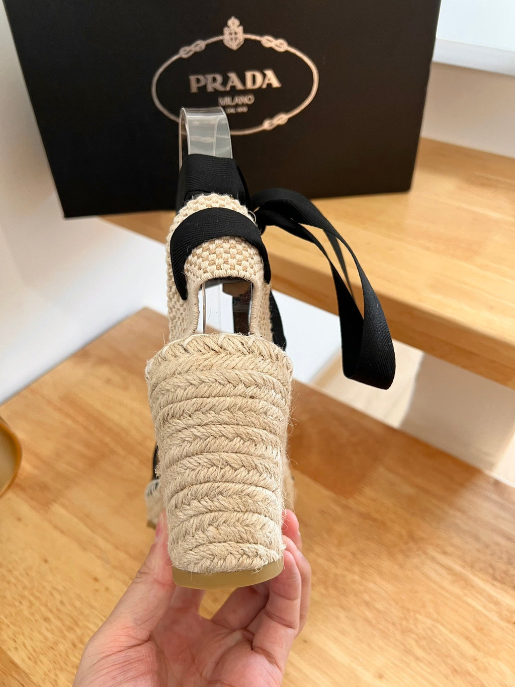 PRADA 26S ESPADRILLE HIGH HEEL SANDALS IN BLACK CALFSKIN