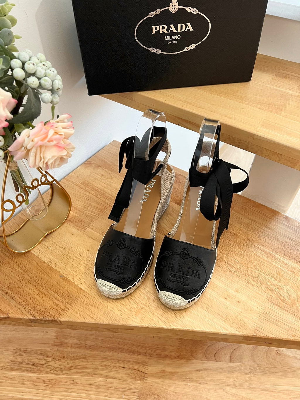 PRADA 26S ESPADRILLE HIGH HEEL SANDALS IN BLACK CALFSKIN