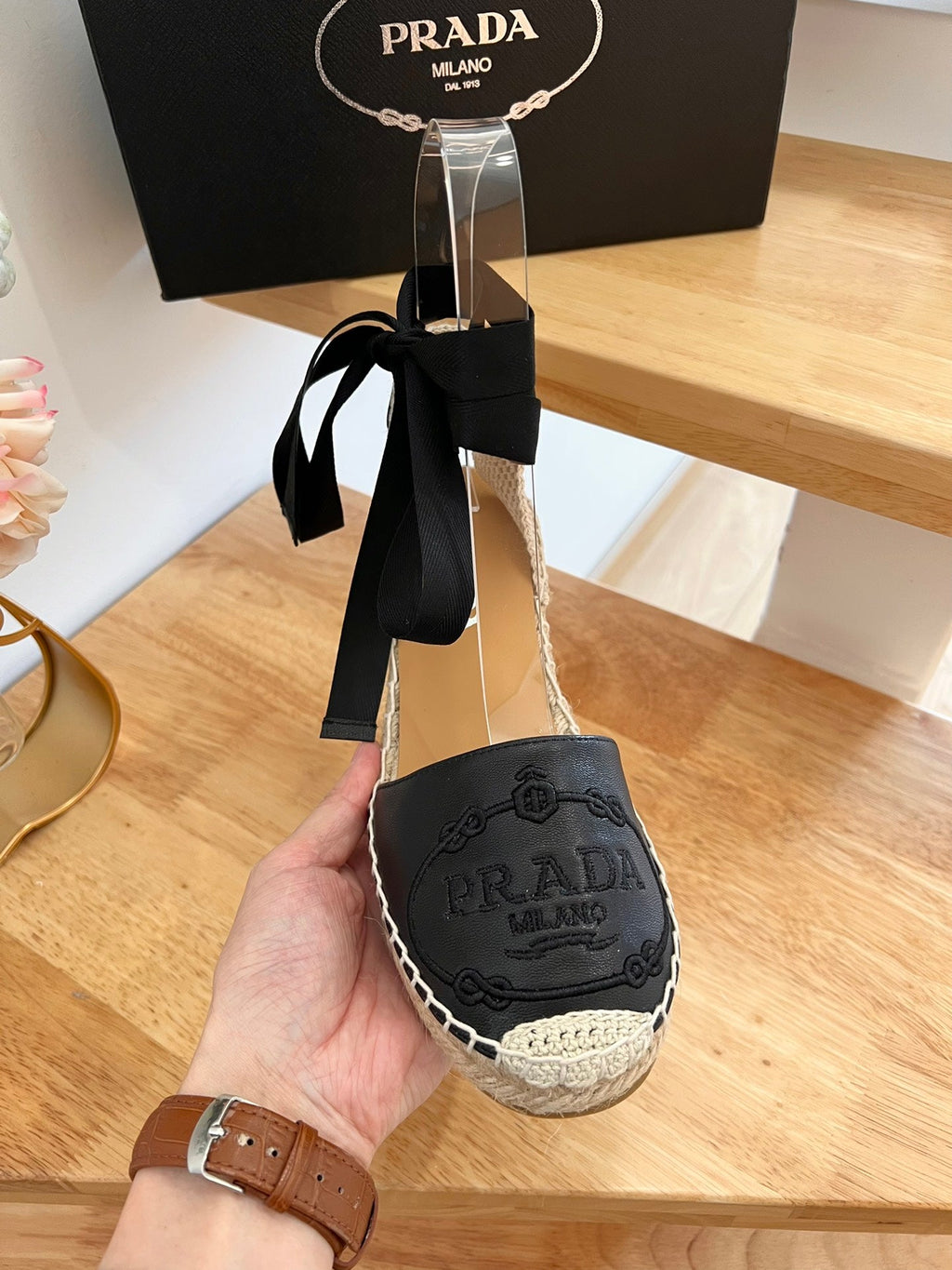 PRADA 26S ESPADRILLE HIGH HEEL SANDALS IN BLACK CALFSKIN