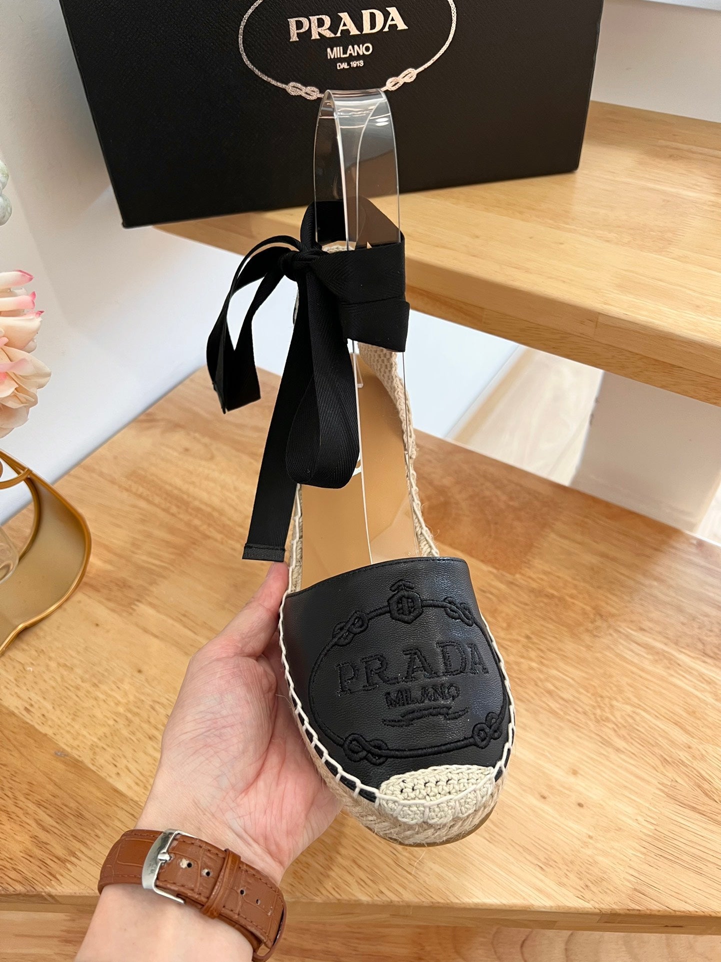 PRADA 26S ESPADRILLE HIGH HEEL SANDALS IN BLACK CALFSKIN