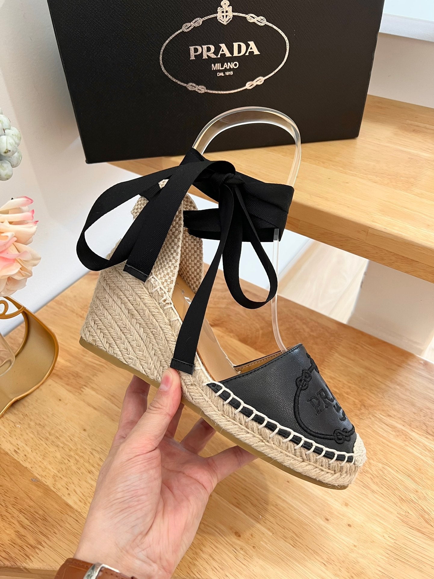 PRADA 26S ESPADRILLE HIGH HEEL SANDALS IN BLACK CALFSKIN
