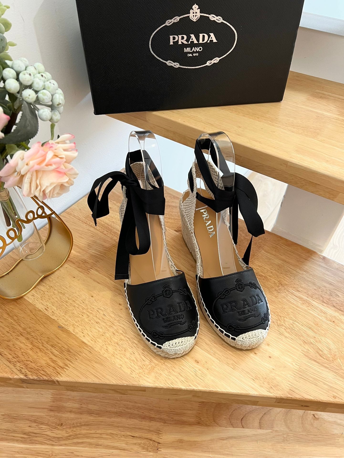 PRADA 26S ESPADRILLE HIGH HEEL SANDALS IN BLACK CALFSKIN