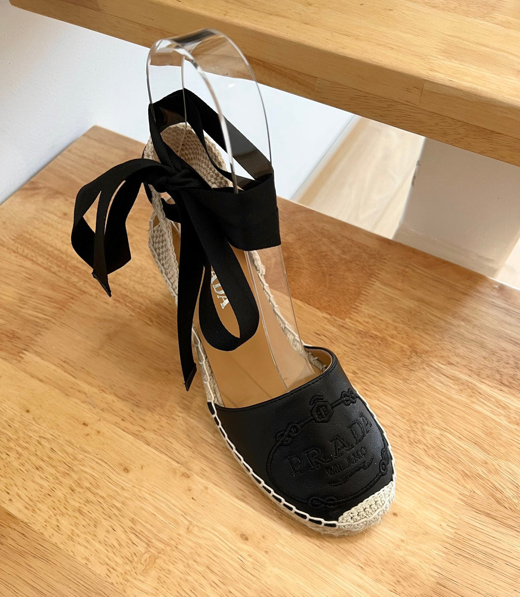 PRADA 26S ESPADRILLE HIGH HEEL SANDALS IN BLACK CALFSKIN