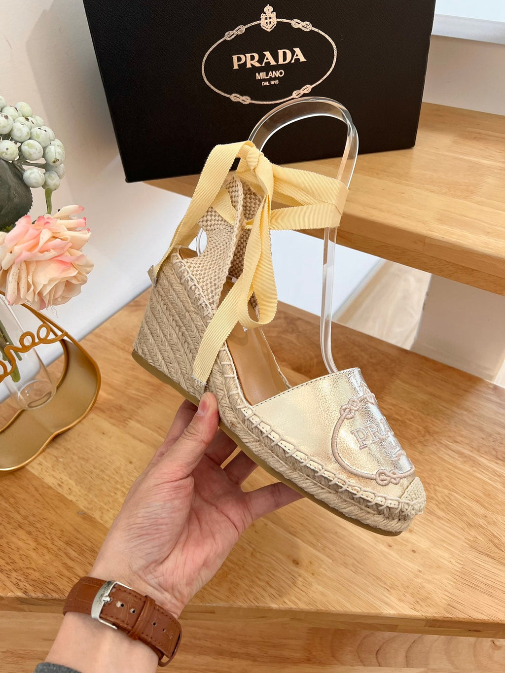 PRADA 26S ESPADRILLE HIGH HEEL SANDALS IN GOLD CALFSKIN
