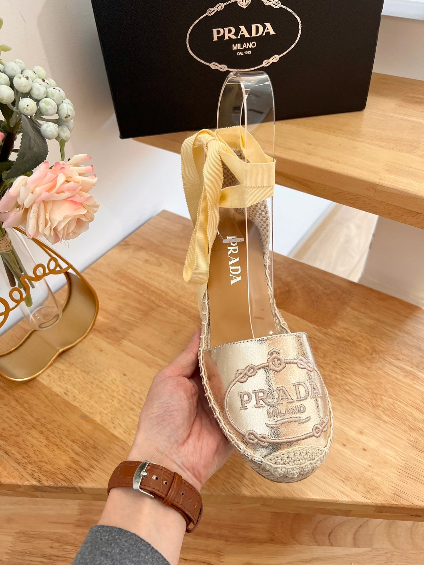 PRADA 26S ESPADRILLE HIGH HEEL SANDALS IN GOLD CALFSKIN