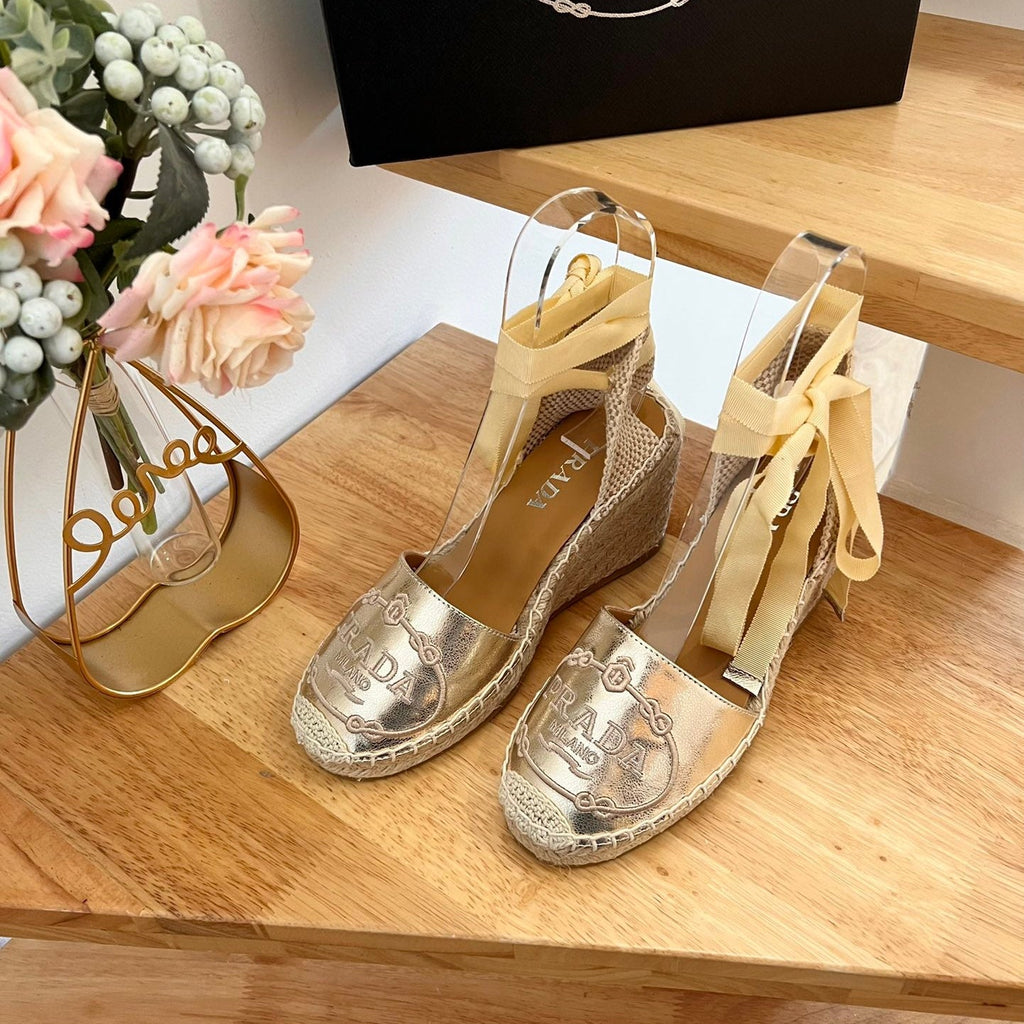 PRADA 26S ESPADRILLE HIGH HEEL SANDALS IN GOLD CALFSKIN