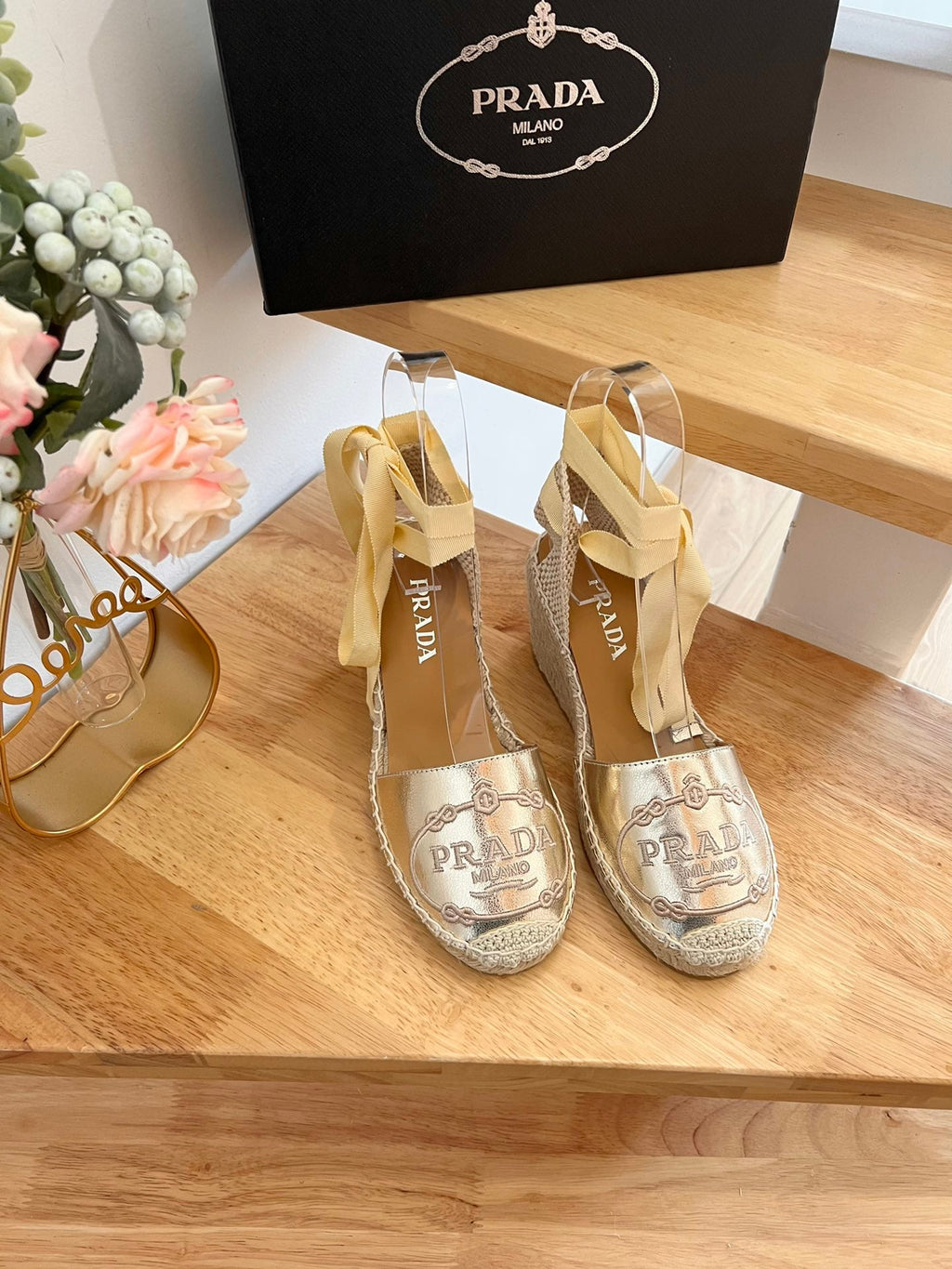 PRADA 26S ESPADRILLE HIGH HEEL SANDALS IN GOLD CALFSKIN