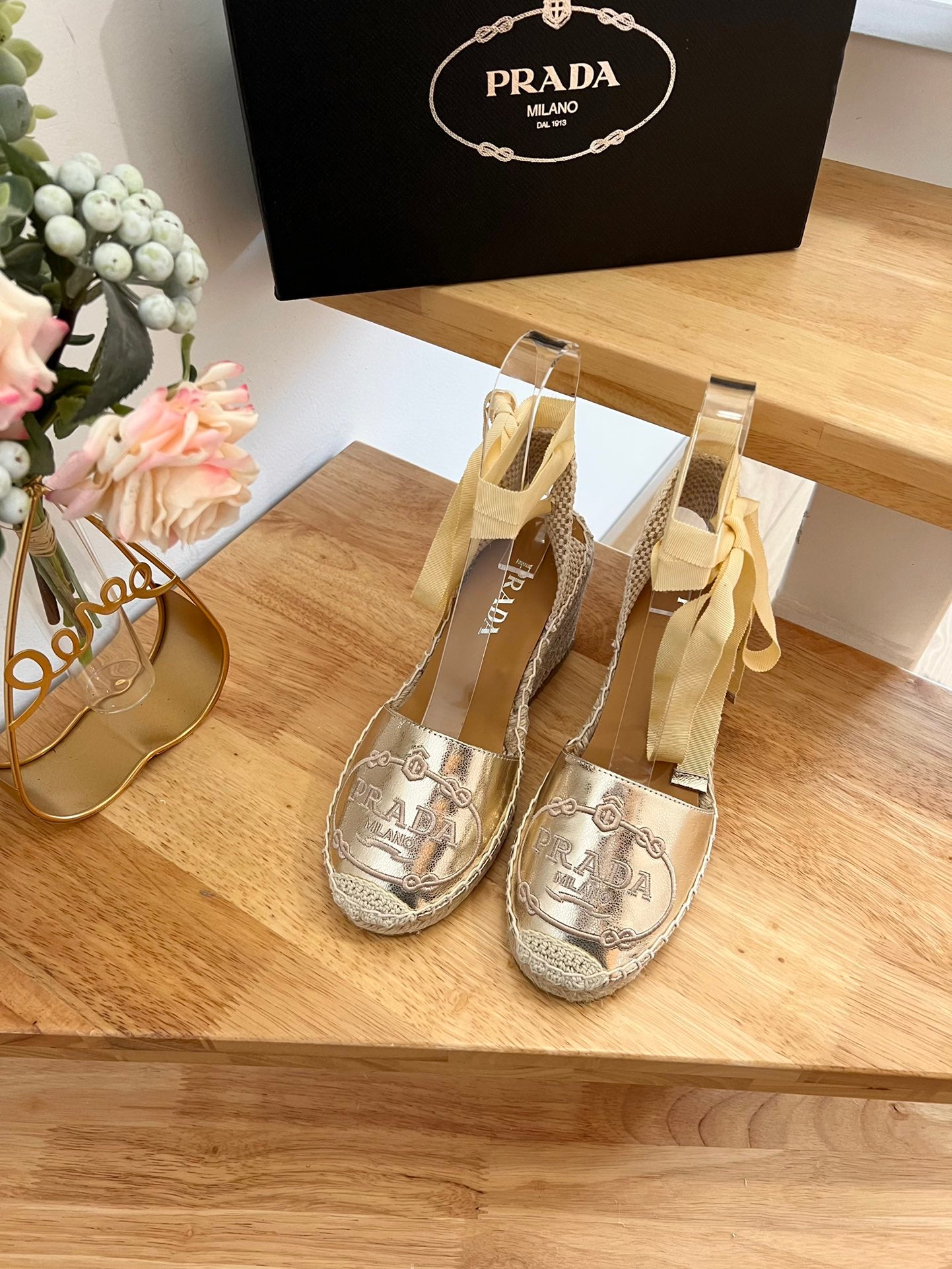 PRADA 26S ESPADRILLE HIGH HEEL SANDALS IN GOLD CALFSKIN