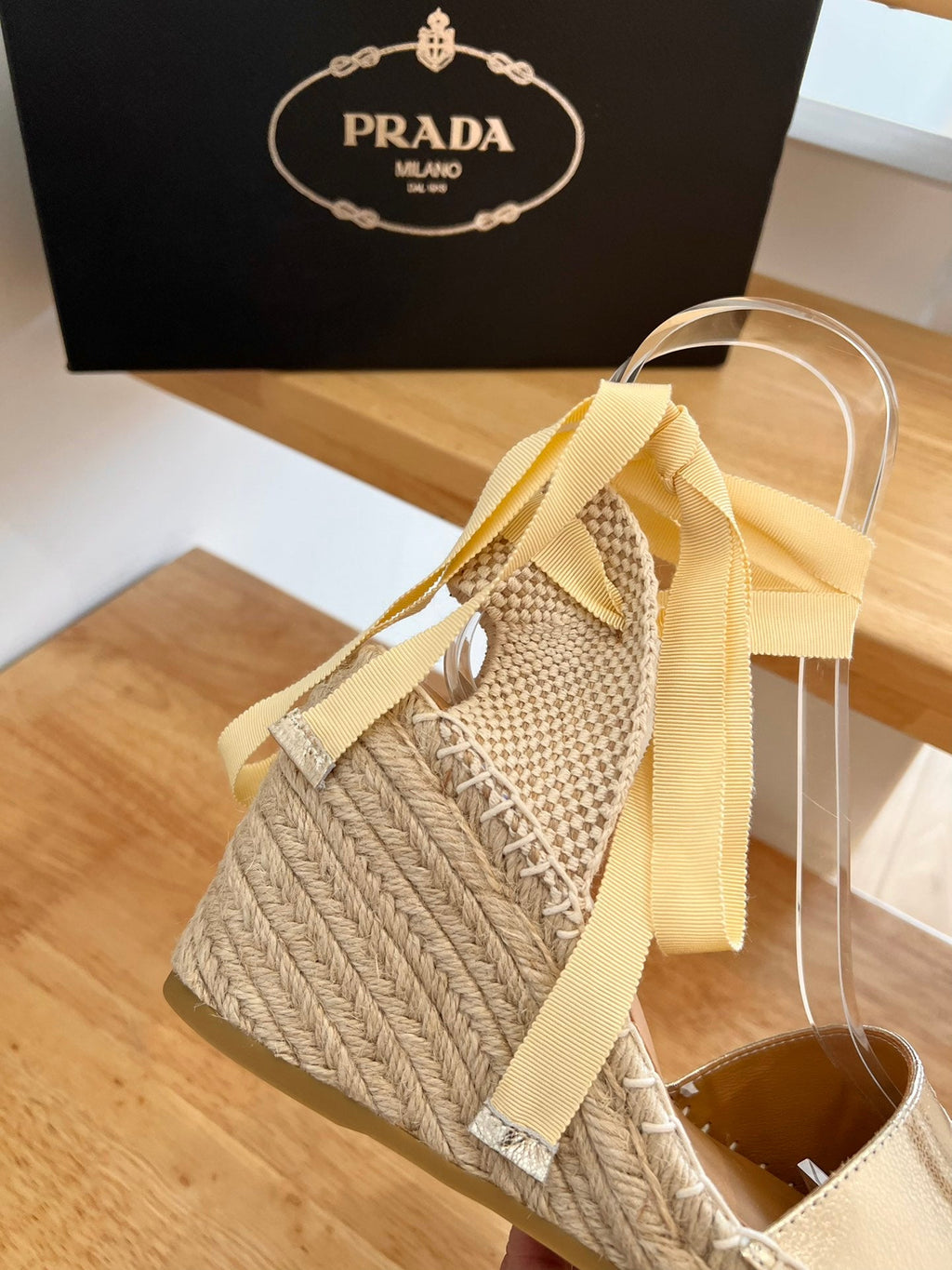 PRADA 26S ESPADRILLE HIGH HEEL SANDALS IN GOLD CALFSKIN