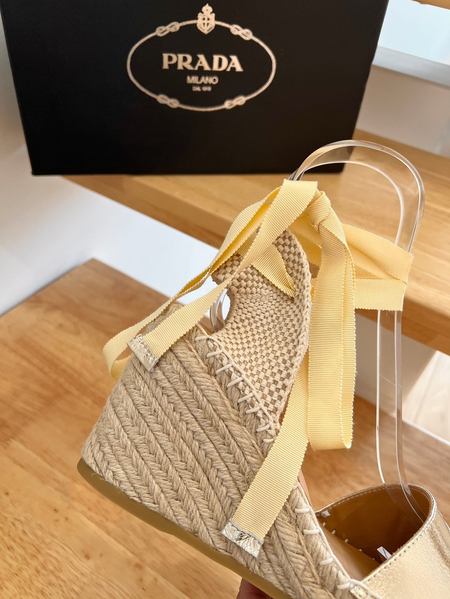 PRADA 26S ESPADRILLE HIGH HEEL SANDALS IN GOLD CALFSKIN
