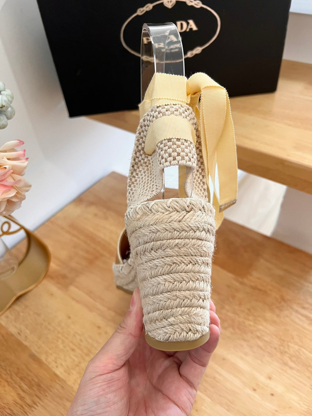 PRADA 26S ESPADRILLE HIGH HEEL SANDALS IN GOLD CALFSKIN