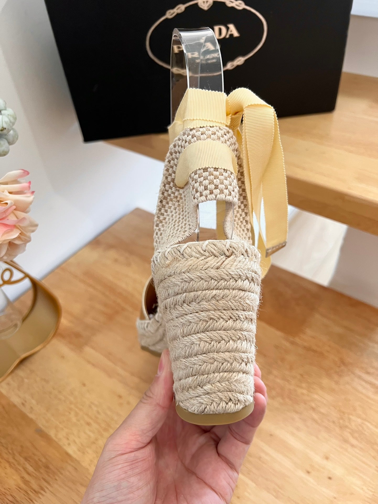 PRADA 26S ESPADRILLE HIGH HEEL SANDALS IN GOLD CALFSKIN