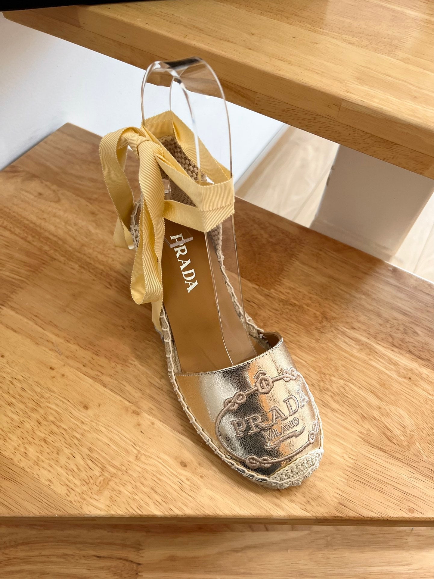 PRADA 26S ESPADRILLE HIGH HEEL SANDALS IN GOLD CALFSKIN