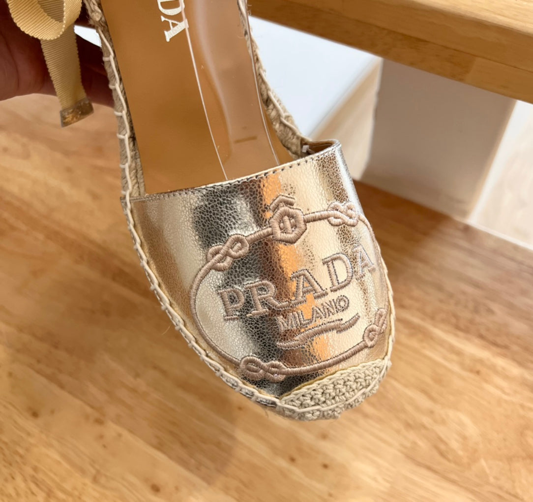 PRADA 26S ESPADRILLE HIGH HEEL SANDALS IN GOLD CALFSKIN