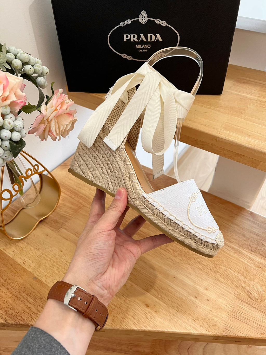 PRADA 26S ESPADRILLE HIGH HEEL SANDALS IN IVORY WHITE CANVAS WITH LOGO