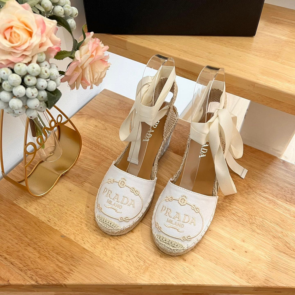 PRADA 26S ESPADRILLE HIGH HEEL SANDALS IN IVORY WHITE CANVAS WITH LOGO