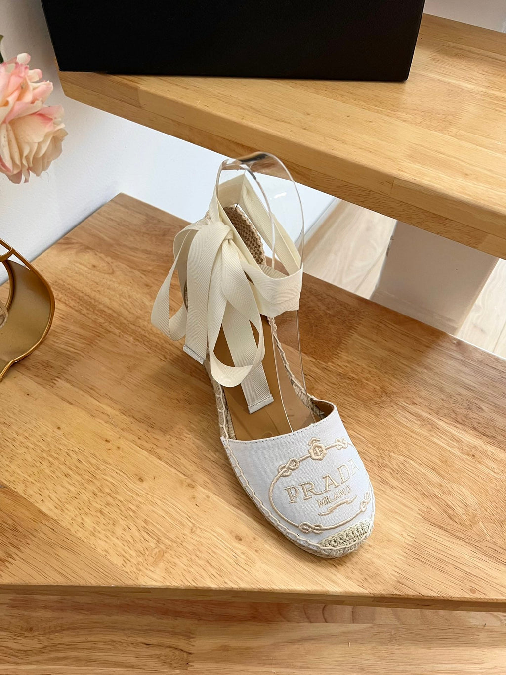 PRADA 26S ESPADRILLE HIGH HEEL SANDALS IN IVORY WHITE CANVAS WITH LOGO