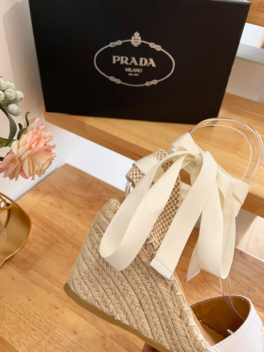 PRADA 26S ESPADRILLE HIGH HEEL SANDALS IN IVORY WHITE CANVAS WITH LOGO
