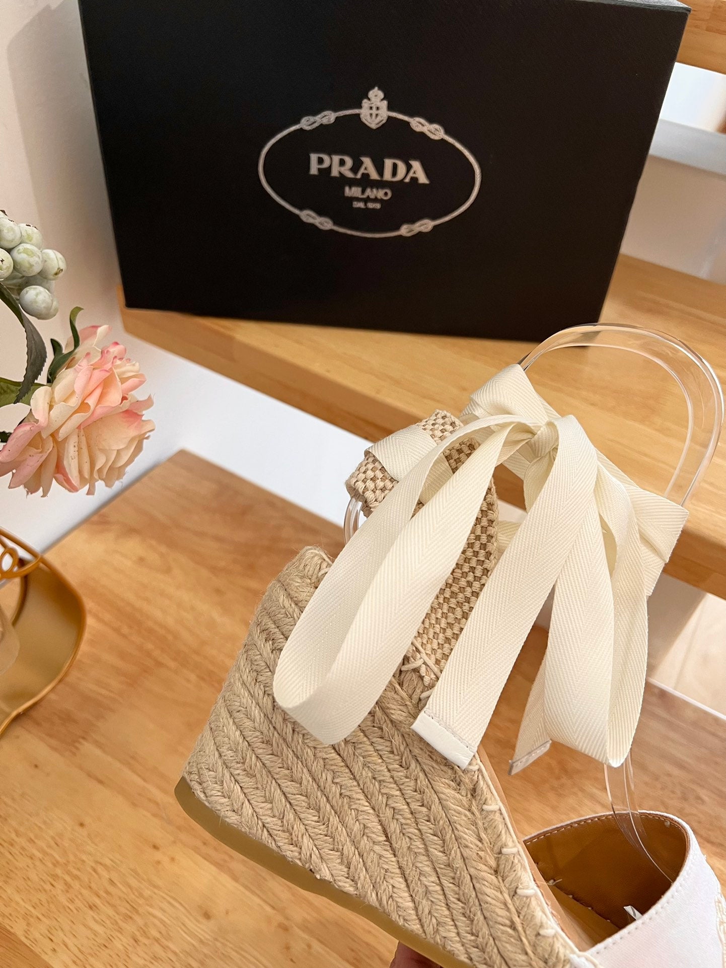 PRADA 26S ESPADRILLE HIGH HEEL SANDALS IN IVORY WHITE CANVAS WITH LOGO