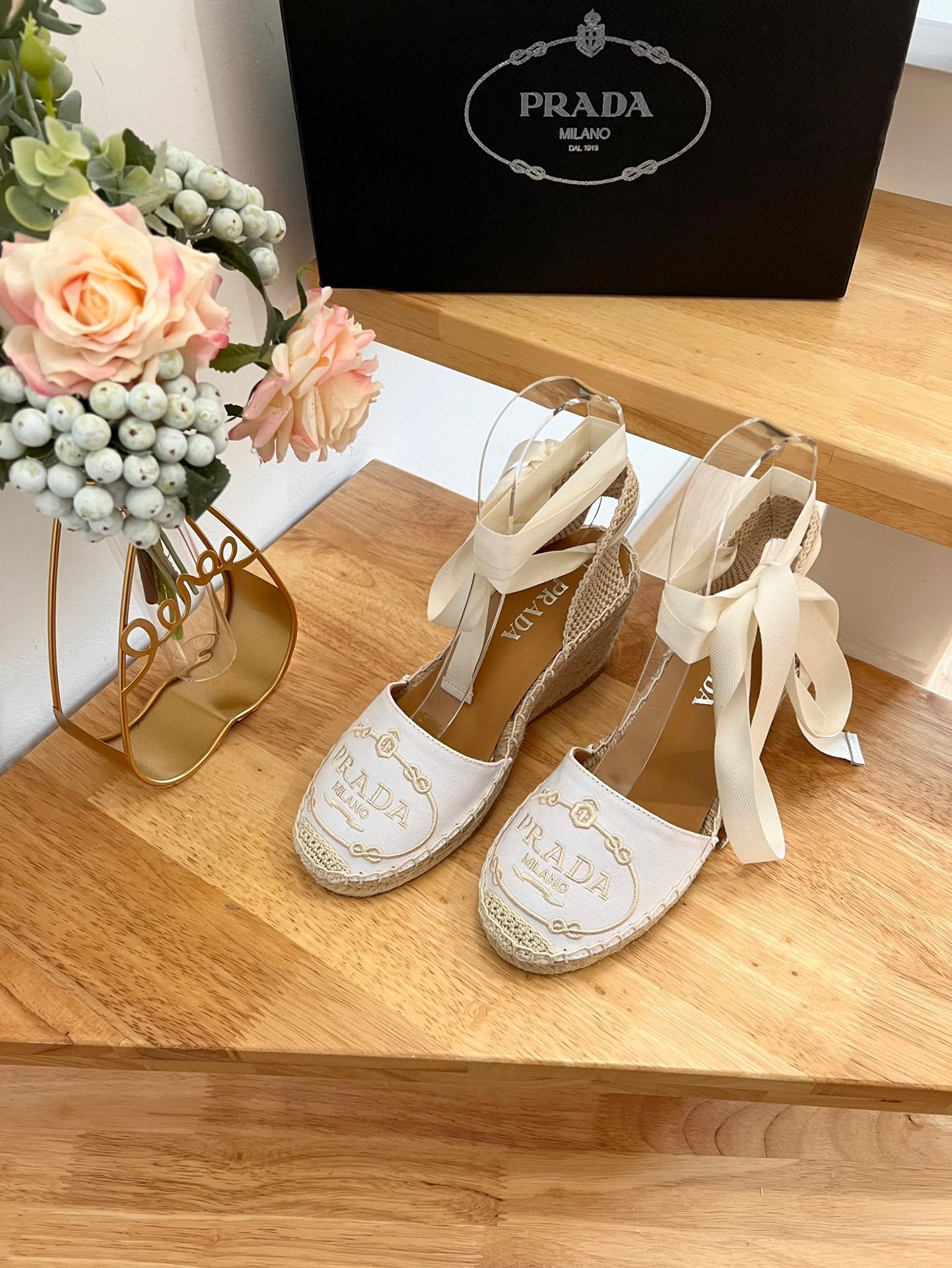 PRADA 26S ESPADRILLE HIGH HEEL SANDALS IN IVORY WHITE CANVAS WITH LOGO