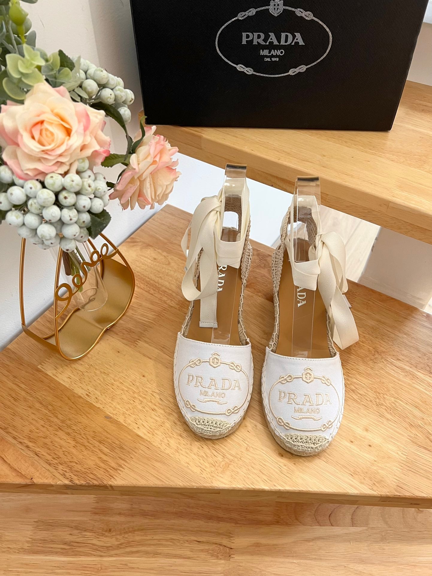 PRADA 26S ESPADRILLE HIGH HEEL SANDALS IN IVORY WHITE CANVAS WITH LOGO