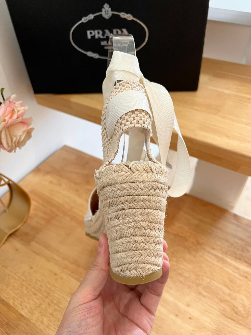 PRADA 26S ESPADRILLE HIGH HEEL SANDALS IN IVORY WHITE CANVAS WITH LOGO
