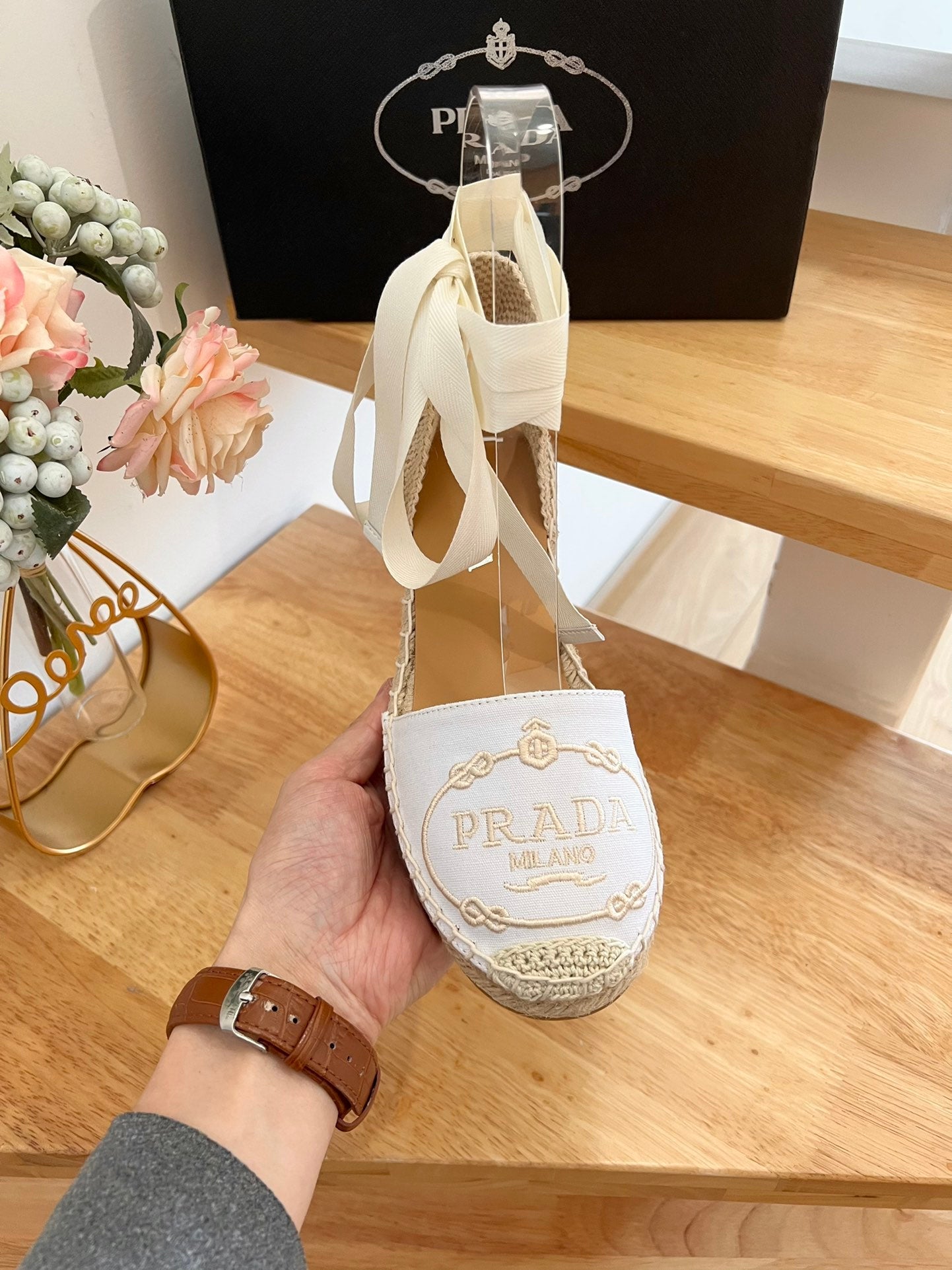 PRADA 26S ESPADRILLE HIGH HEEL SANDALS IN IVORY WHITE CANVAS WITH LOGO