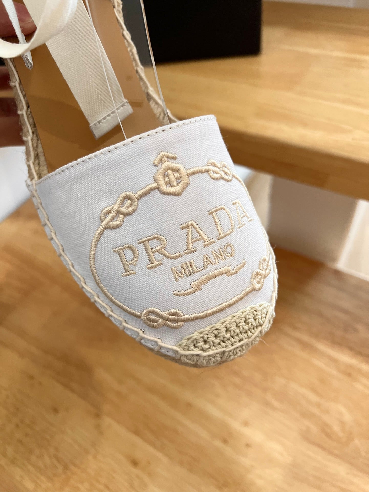PRADA 26S ESPADRILLE HIGH HEEL SANDALS IN IVORY WHITE CANVAS WITH LOGO