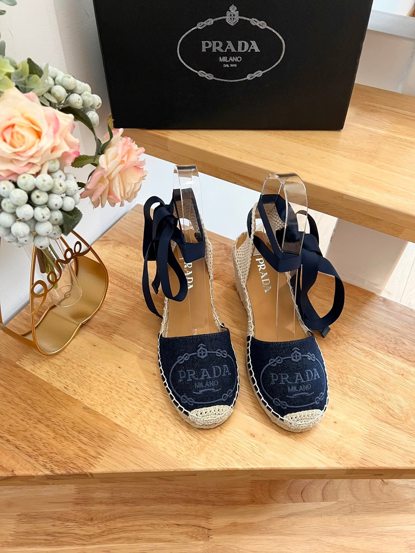 PRADA 26S ESPADRILLE HIGH HEEL SANDALS IN NAVY DENIM WITH LOGO
