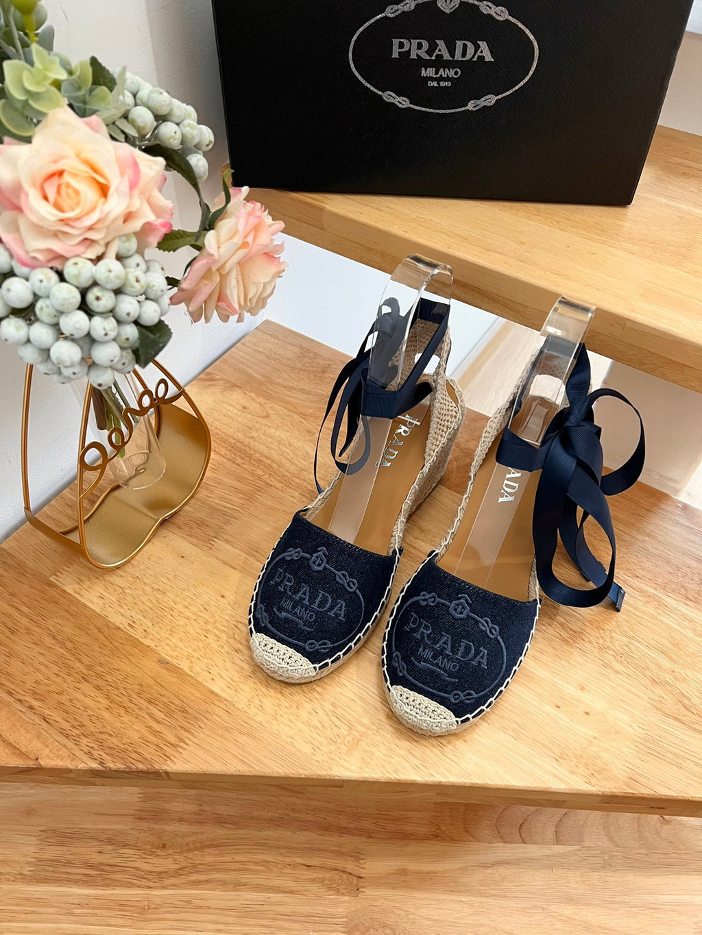 PRADA 26S ESPADRILLE HIGH HEEL SANDALS IN NAVY DENIM WITH LOGO