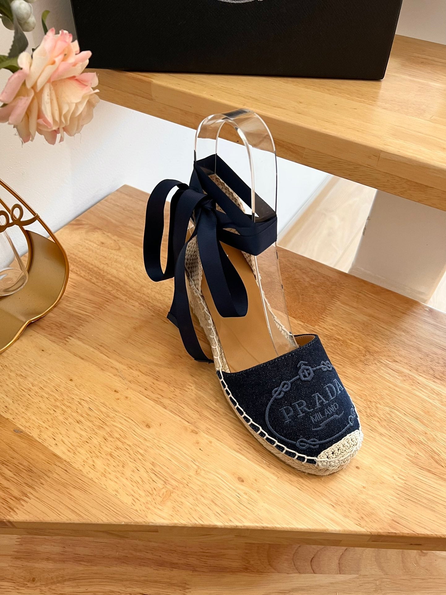 PRADA 26S ESPADRILLE HIGH HEEL SANDALS IN NAVY DENIM WITH LOGO
