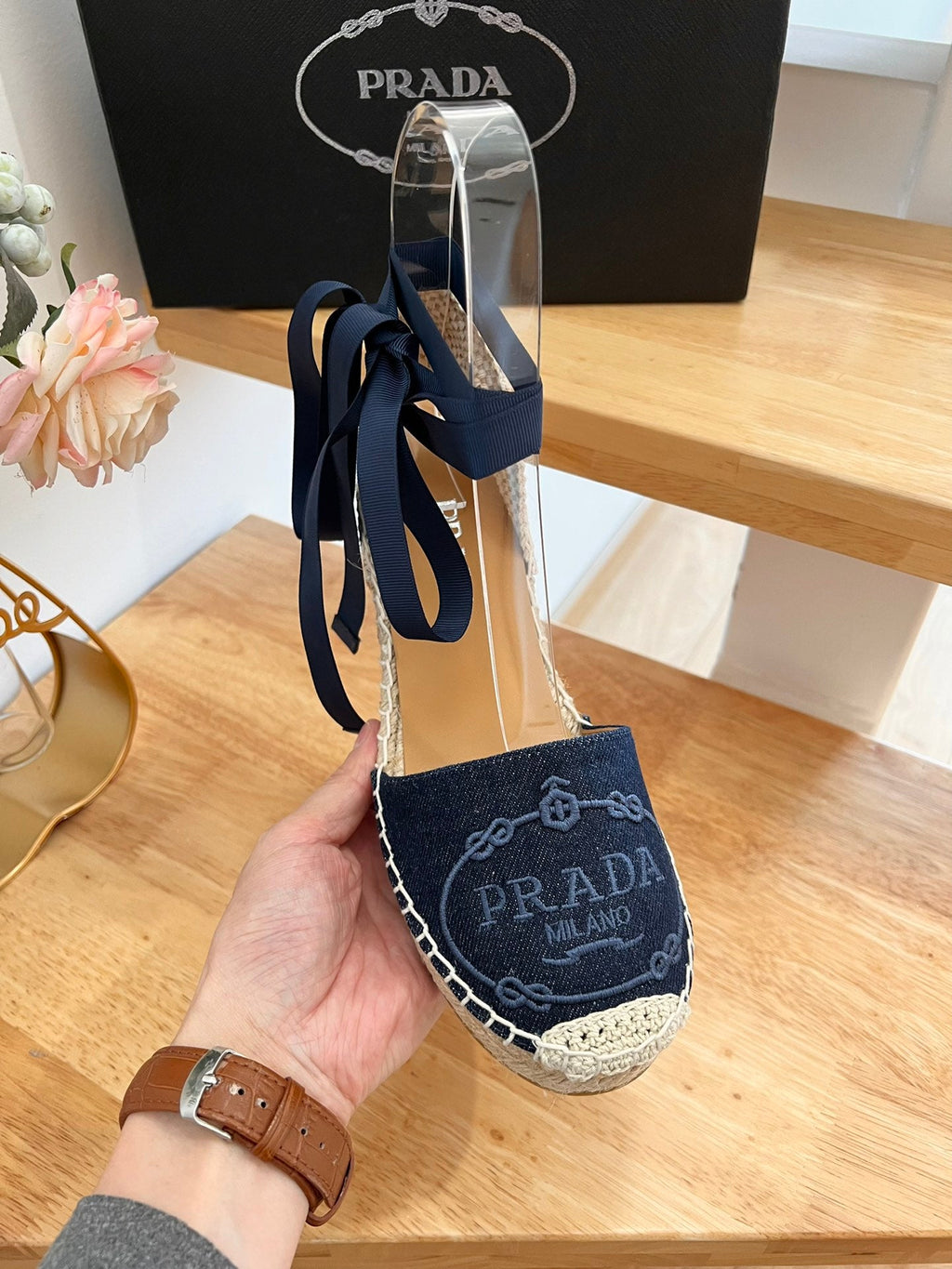 PRADA 26S ESPADRILLE HIGH HEEL SANDALS IN NAVY DENIM WITH LOGO