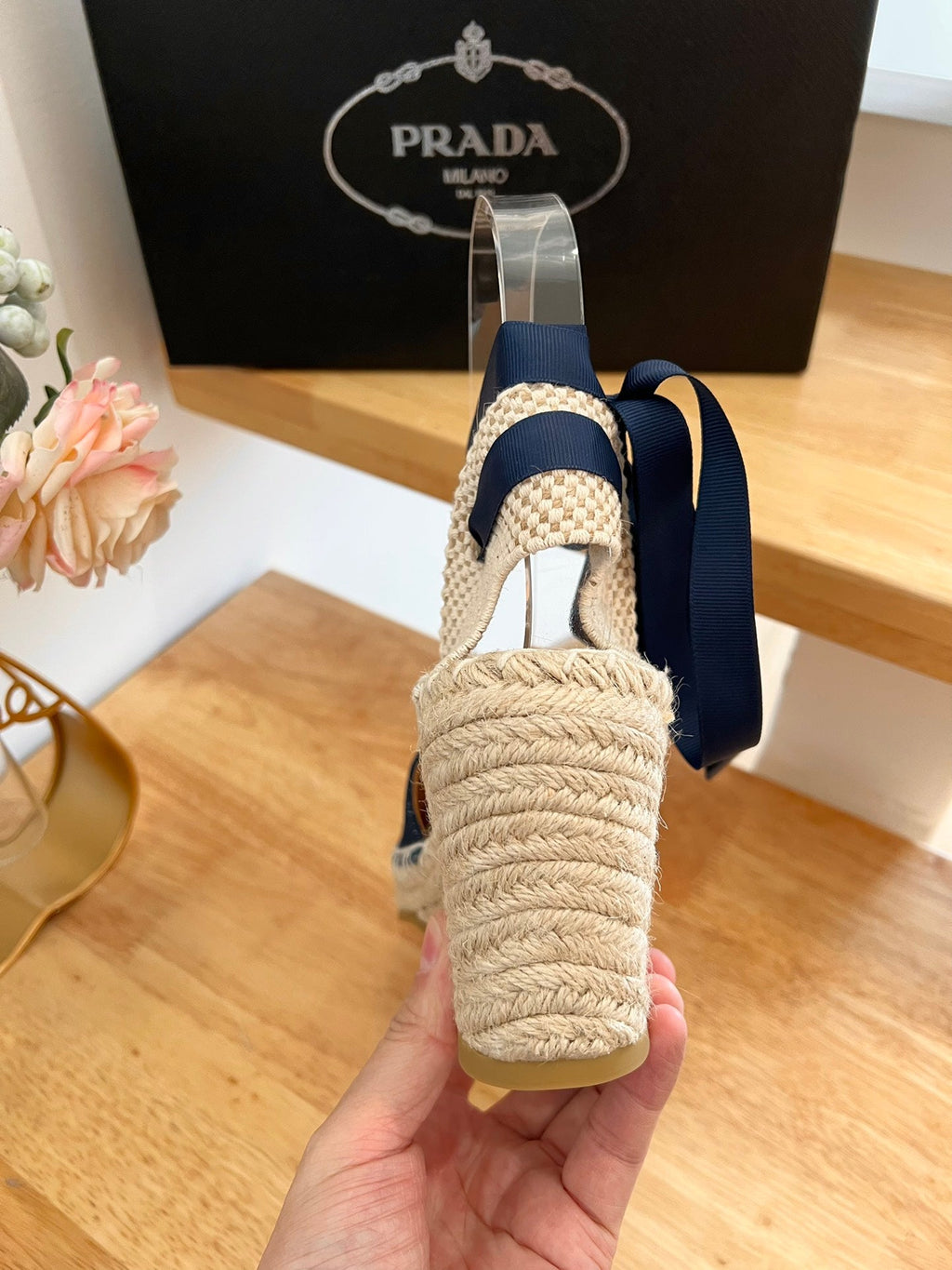 PRADA 26S ESPADRILLE HIGH HEEL SANDALS IN NAVY DENIM WITH LOGO