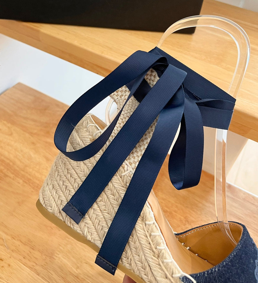 PRADA 26S ESPADRILLE HIGH HEEL SANDALS IN NAVY DENIM WITH LOGO
