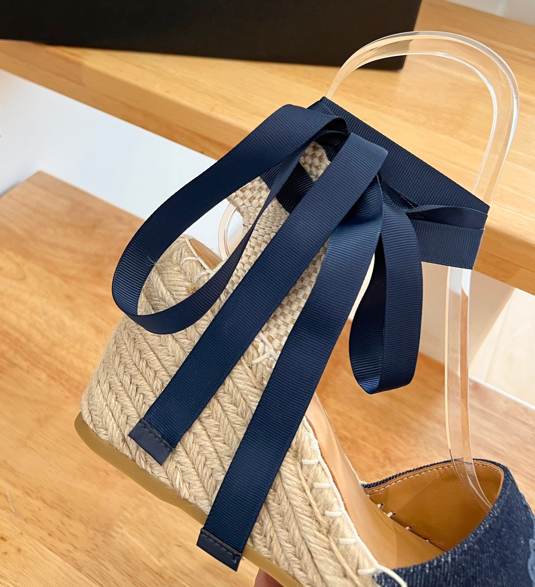 PRADA 26S ESPADRILLE HIGH HEEL SANDALS IN NAVY DENIM WITH LOGO