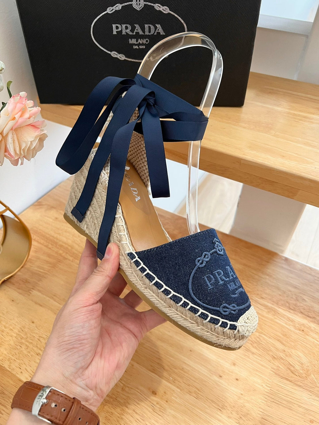 PRADA 26S ESPADRILLE HIGH HEEL SANDALS IN NAVY DENIM WITH LOGO