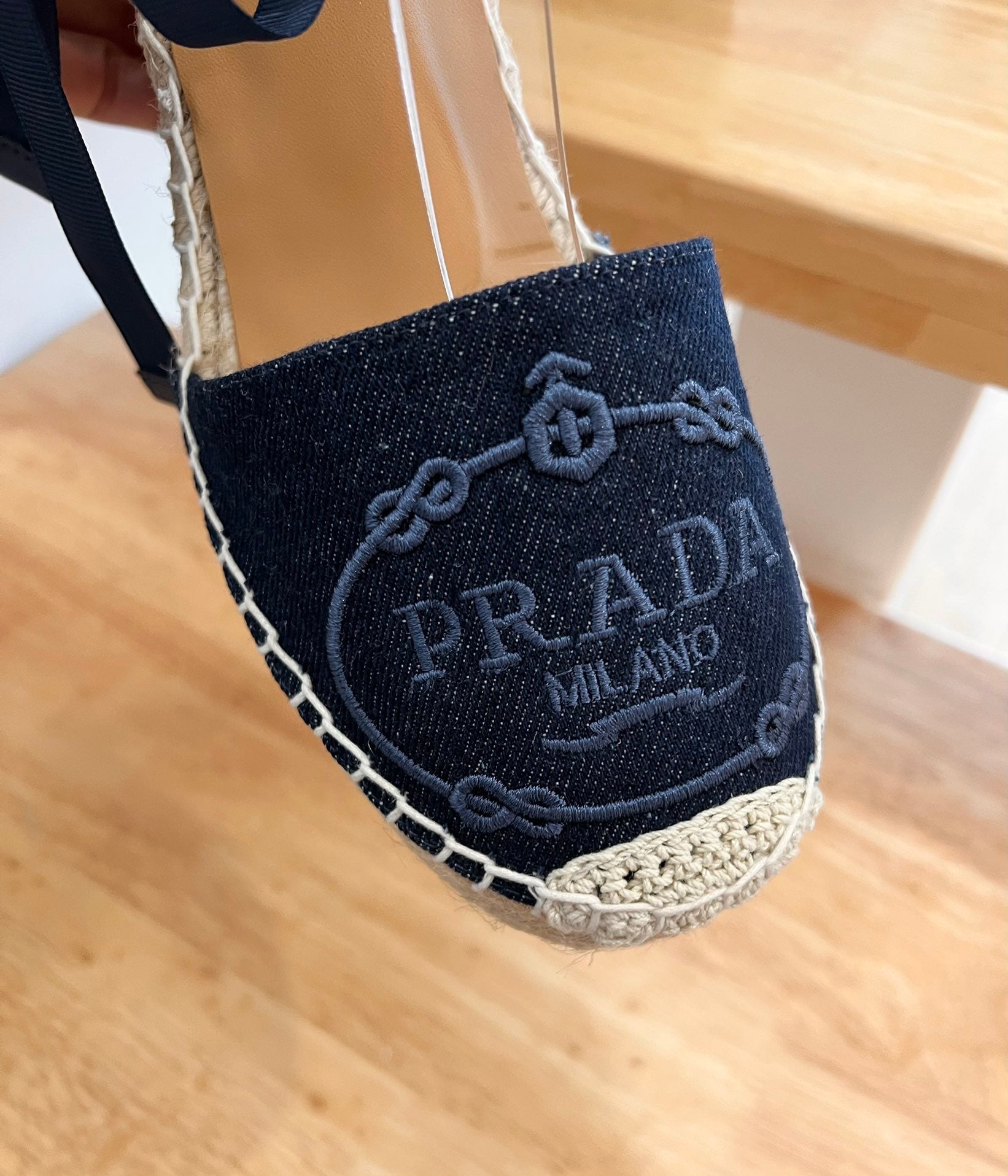 PRADA 26S ESPADRILLE HIGH HEEL SANDALS IN NAVY DENIM WITH LOGO