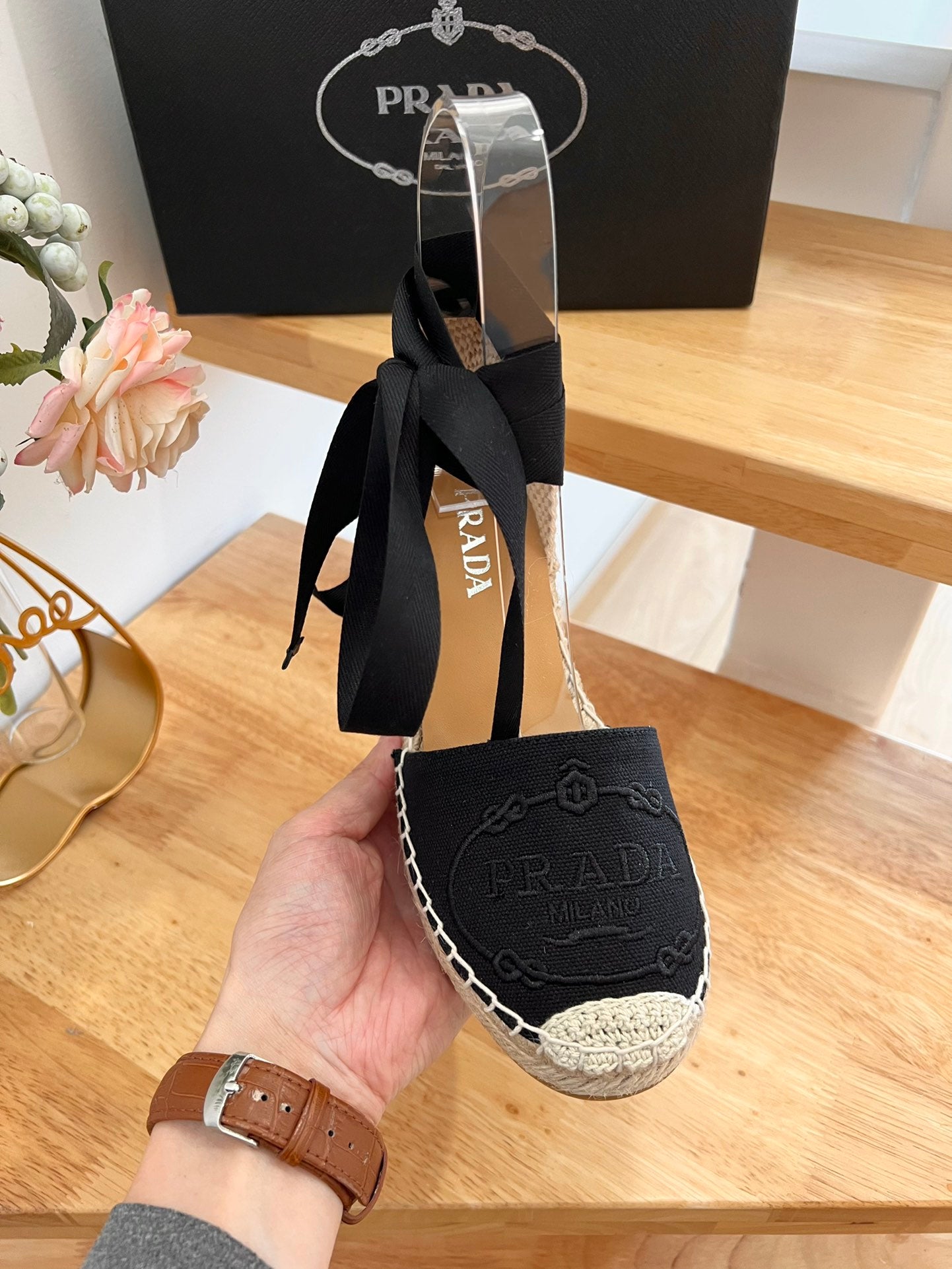 PRADA 26S ESPADRILLE HIGH HEEL SANDALS IN BLACK CANVAS WITH LOGO