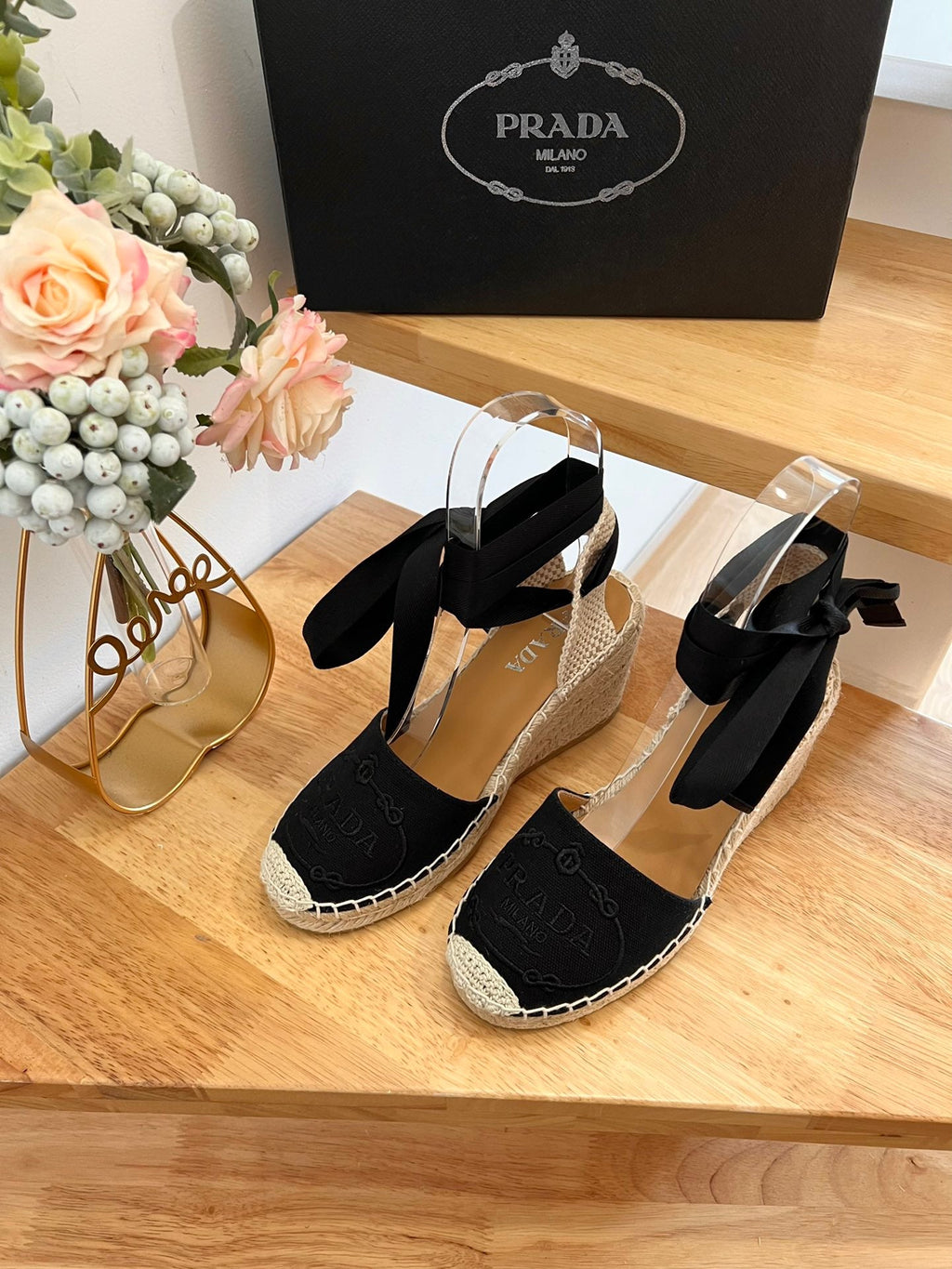 PRADA 26S ESPADRILLE HIGH HEEL SANDALS IN BLACK CANVAS WITH LOGO