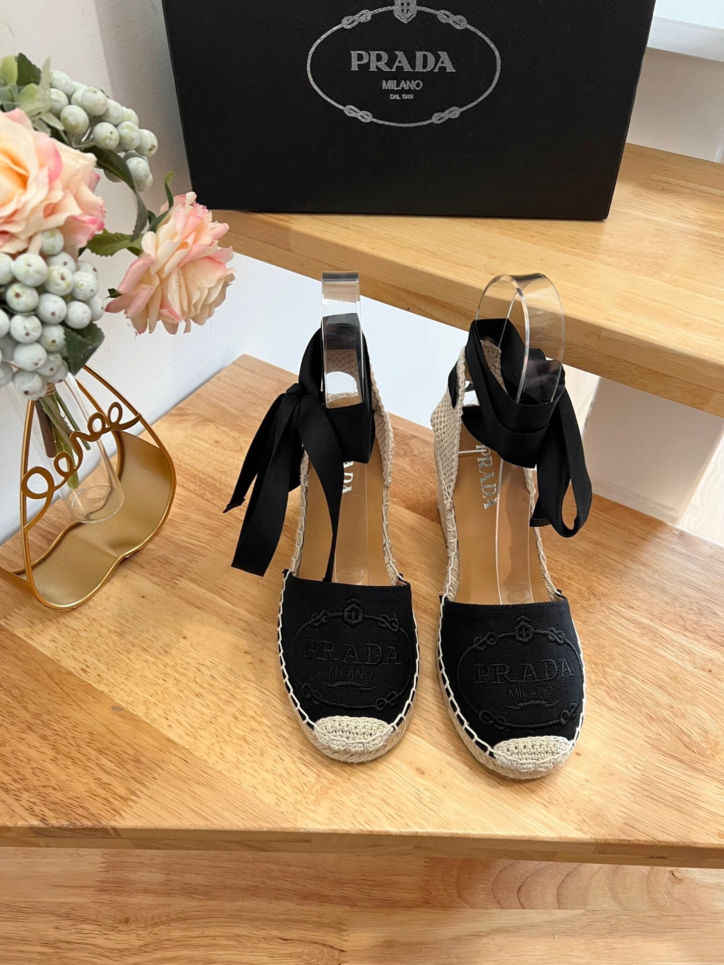 PRADA 26S ESPADRILLE HIGH HEEL SANDALS IN BLACK CANVAS WITH LOGO