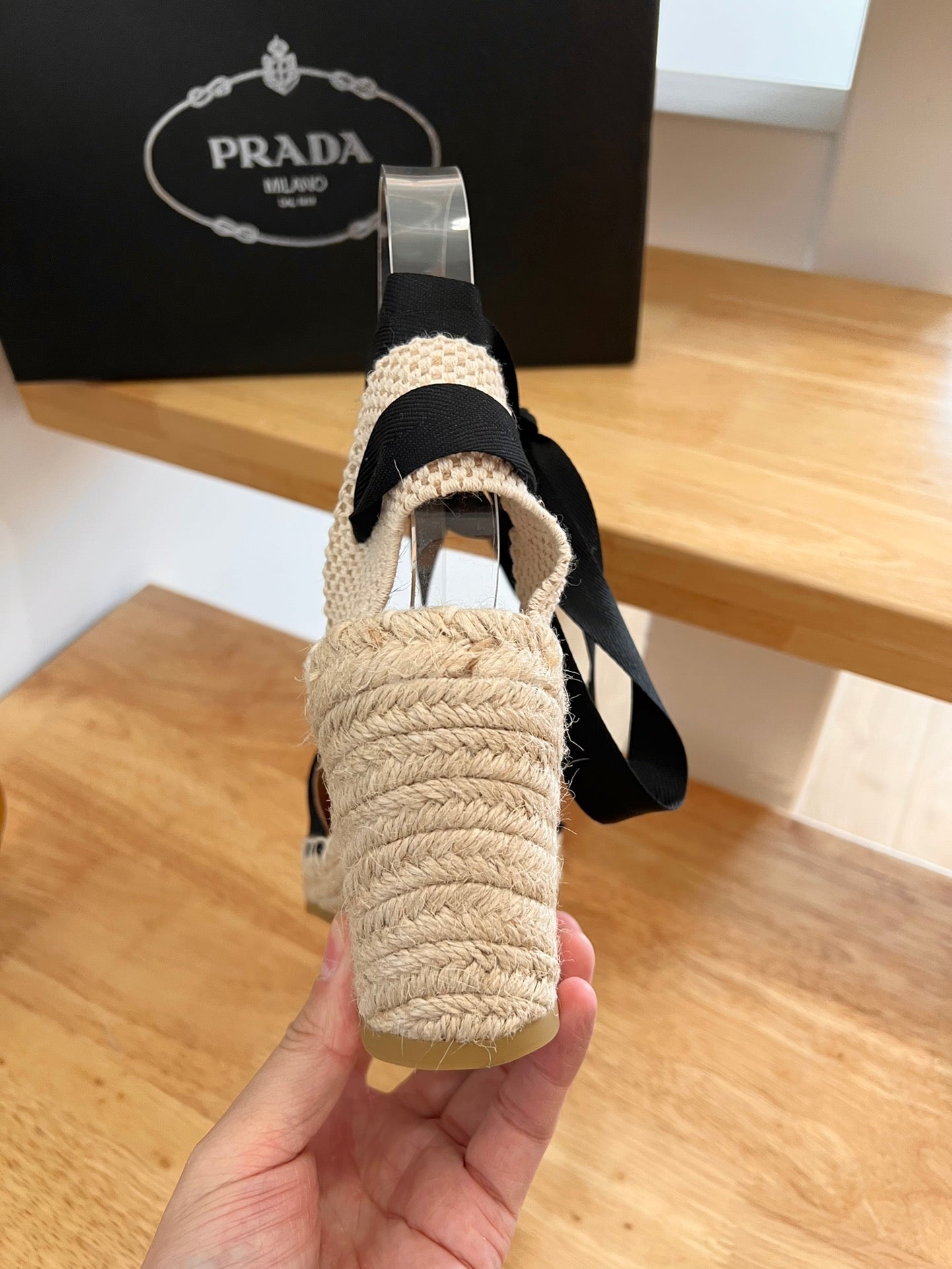 PRADA 26S ESPADRILLE HIGH HEEL SANDALS IN BLACK CANVAS WITH LOGO